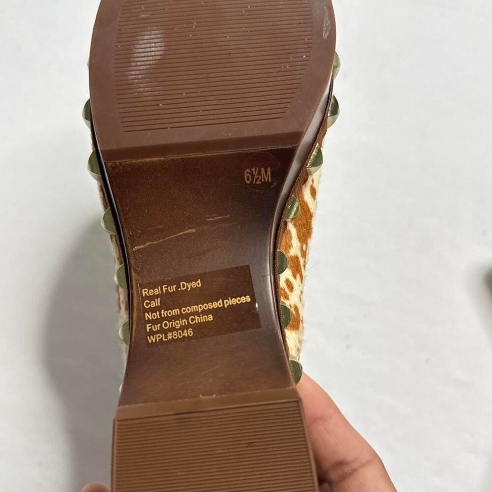 INC Vintage Cow Print Studded Clog Heel (real calf fur) size 6 1/2 brown + cream - Picture 6 of 8